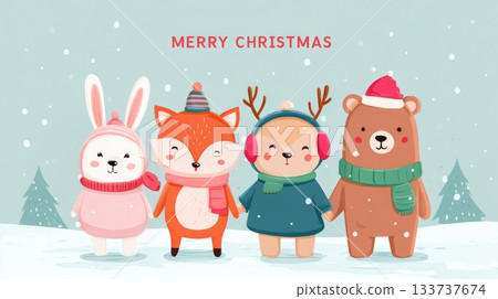 Christmas card. Cute cartoon characters celebrate Christmas together in a winter landscape with falling snow and a festive atmosphere Christmas card. Cute cartoon characters celebrate Christmas together in a winter landscape with falling snow and a festive atmosphere 133737674