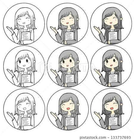 Business style. A smiling, likable woman's information illustration. Icon style. Monochrome color, facial expression options. 133737693