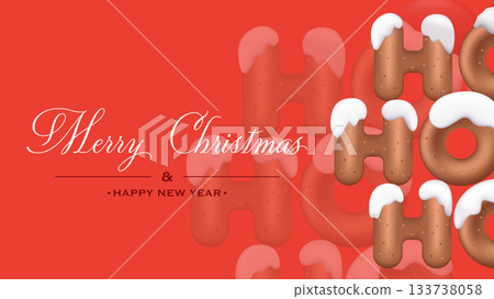 Merry Christmas and Happy New Year greeting card. Holiday red banner design with Santa Claus ho ho ho phrase with shiny 3d render font. Minimalist festive invitation poster. Vector illustration. Merry Christmas and Happy New Year greeting card. Holiday red banner design with Santa Claus ho ho ho phrase with shiny 3d render font. Minimalist festive invitation poster. Vector illustration. 133738058
