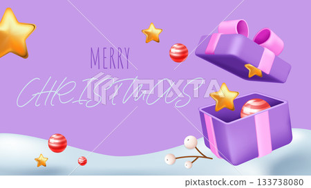 Merry Christmas and Happy New Year greeting card. Holiday banner design with open gift box and balls, berry, gold stars. Festive invitation poster with glossy 3d render effect. Vector illustration. Merry Christmas and Happy New Year greeting card. Holiday banner design with open gift box and balls, berry, gold stars. Festive invitation poster with glossy 3d render effect. Vector illustration. 133738080
