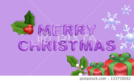 Merry Christmas and Happy New Year greeting card. Holiday banner design with holly berry, snowflakes, red gift boxes and glossy 3d render effect font, festive invitation poster. Vector illustration. Merry Christmas and Happy New Year greeting card. Holiday banner design with holly berry, snowflakes, red gift boxes and glossy 3d render effect font, festive invitation poster. Vector illustration. 133738082