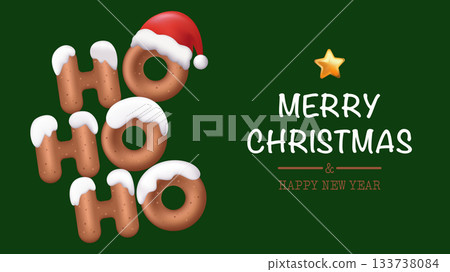 Merry Christmas and Happy New Year greeting card. Holiday banner design with Santa Claus hat and ho ho ho phrase with shiny 3d render font, minimalist festive invitation poster. Vector illustration. Merry Christmas and Happy New Year greeting card. Holiday banner design with Santa Claus hat and ho ho ho phrase with shiny 3d render font, minimalist festive invitation poster. Vector illustration. 133738084