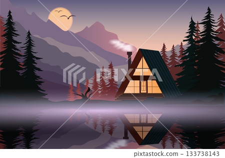 A tranquil scene captures a cozy cabin beside a calm lake at dusk. The mountains tower in the background, with mist rising from the water and a warm glow from the cabin windows A tranquil scene captures a cozy cabin beside a calm lake at dusk. The mountains tower in the background, with mist rising from the water and a warm glow from the cabin windows 133738143