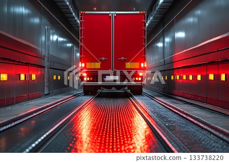 Red delivery truck in a modern industrial tunnel with red reflections on metal flooring 133738220
