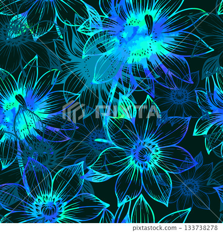 Seamless background with blue neon flowers. Hand drawn. Not AI, vector illustration 133738278