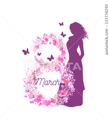 Womens day 8 march element. Silhouette of a beautiful girl. Woman international celebration vector template hand drawn. Not AI, Vector illustration 133738293