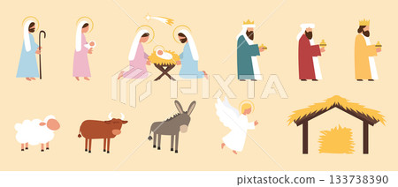 Nativity Scene Flat Clipart Set with Mary, Joseph, Baby Jesus, Three Wise Men, Shepherd, Angel, Animals and Manger Christmas Christian Illustration Pack Nativity Scene Flat Clipart Set with Mary, Joseph, Baby Jesus, Three Wise Men, Shepherd, Angel, Animals and Manger Christmas Christian Illustration Pack 133738390
