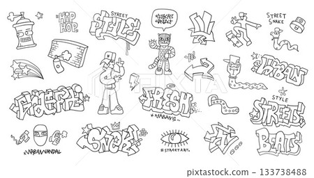 Graffiti doodles funny characters hand drawn lettering vector collection , background for kids Graffiti doodles funny characters hand drawn lettering vector collection , background for kids 133738488