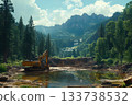 Excavator working near a forest valley with mountains and a distant waterfall 133738532