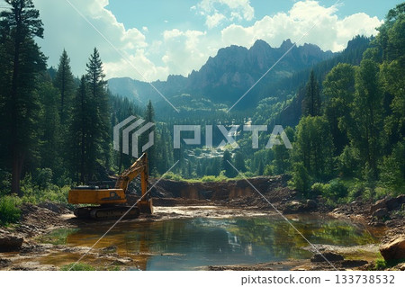 Excavator working near a forest valley with mountains and a distant waterfall 133738532