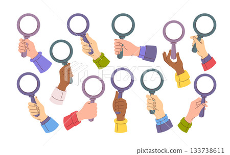 Human hands holding magnifying glass set providing investigation, analysis, research or inspection Human hands holding magnifying glass set providing investigation, analysis, research or inspection 133738611