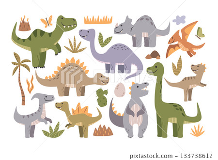 Charming dinosaur prehistoric creatures characters different species set surrounded natural elements Charming dinosaur prehistoric creatures characters different species set surrounded natural elements 133738612