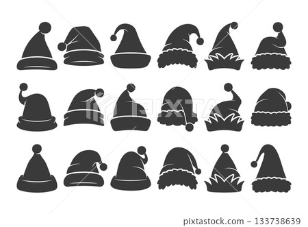 Variety of Santa Claus hat silhouette classic Merry Christmas winter holiday symbols isolated set Variety of Santa Claus hat silhouette classic Merry Christmas winter holiday symbols isolated set 133738639
