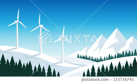 Winter landscape with wind turbines illustration Winter landscape with wind turbines illustration 133738743