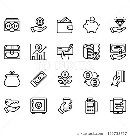 A set of twenty black line art icons related to money, finance, banking, and investment. Includes symbols for cash, coins, wallets, cards, and more. A set of twenty black line art icons related to money, finance, banking, and investment. Includes symbols for cash, coins, wallets, cards, and more. 133738757