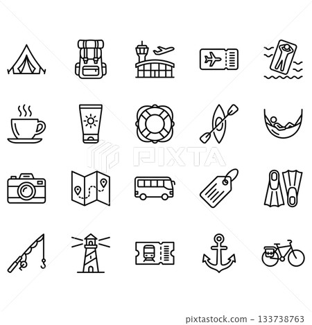 Vector set of 20 travel and tourism line icons. Black outline symbols including camping, airport, tickets, beach, and outdoor activities on a clean white background. Perfect for vacation planning. 133738763