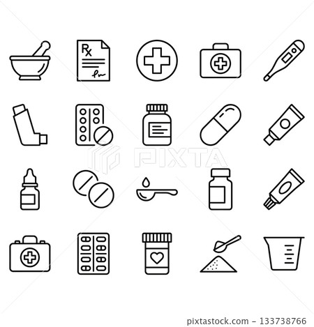 Medical and pharmacy line icon set. Vector illustrations of drugs, medication bottles, pills, first aid kit, thermometer, and prescription symbols in a clean black outline style. Medical and pharmacy line icon set. Vector illustrations of drugs, medication bottles, pills, first aid kit, thermometer, and prescription symbols in a clean black outline style. 133738766