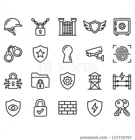 Security and protection line icon set. Vector symbols for cybersecurity, safety, defense, locks, shields, and surveillance in clean black outline style. 133738767