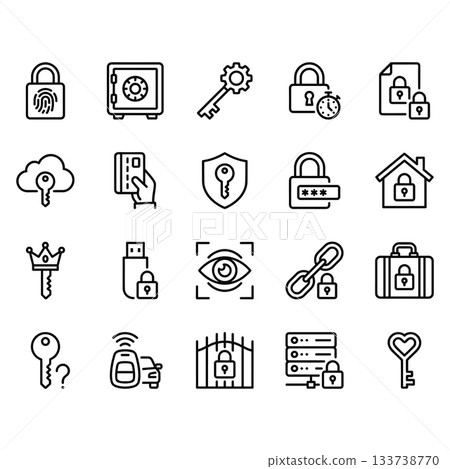 Security and protection line icon set. 20 vector outline symbols for privacy, locks, keys, passwords, biometrics, and access control systems for digital and physical safety. Security and protection line icon set. 20 vector outline symbols for privacy, locks, keys, passwords, biometrics, and access control systems for digital and physical safety. 133738770