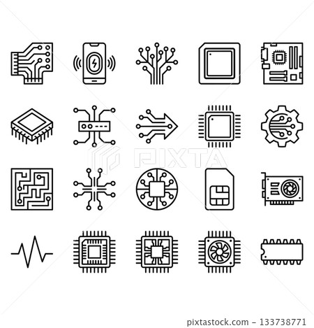 Electronic components and circuit board line icon set. Vector outline symbols for microchips, CPUs, technology, and hardware components. 133738771