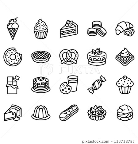 Dessert and bakery line icon set. Collection of 20 outline vector symbols for sweets, pastry, cake, ice cream, donuts, and candy on white background. Dessert and bakery line icon set. Collection of 20 outline vector symbols for sweets, pastry, cake, ice cream, donuts, and candy on white background. 133738785