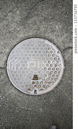 Road after rain, manhole cover 133738795