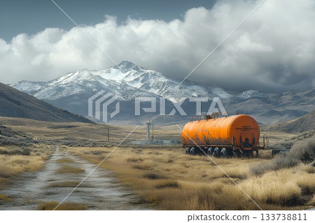 Orange tanker trailer resting in a wide valley with snowy mountains under dramatic clouds 133738811