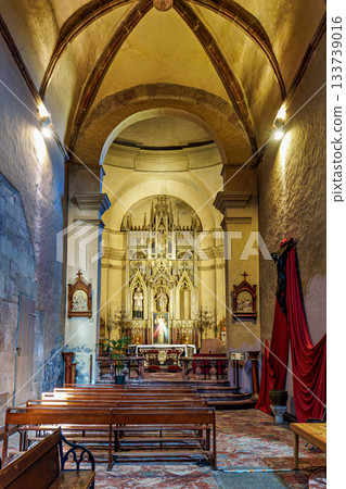 Interior of historic Saint Pierre church in Prades in Languedoc- Interior of historic Saint Pierre church in Prades in Languedoc- 133739016