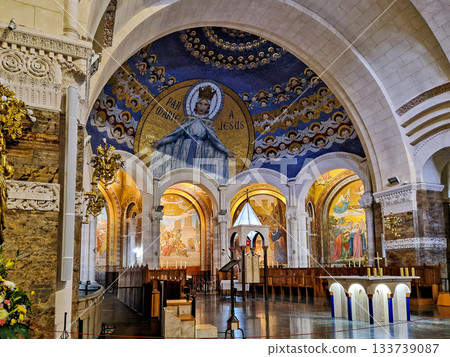 Interior of the Basilica in the Sanctuary of Lourdes, France. 133739087