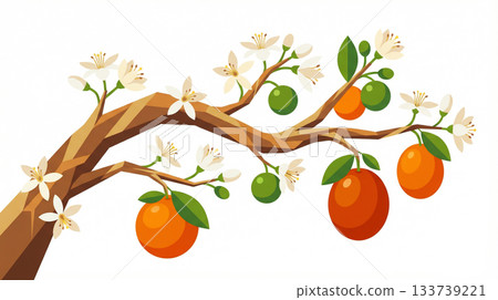 Illustration of an orange tree branch with oranges and flowers Illustration of an orange tree branch with oranges and flowers 133739221
