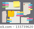 Collection of colorful paper notes and memo sheets with pins, tape, and paper clips Collection of colorful paper notes and memo sheets with pins, tape, and paper clips 133739620