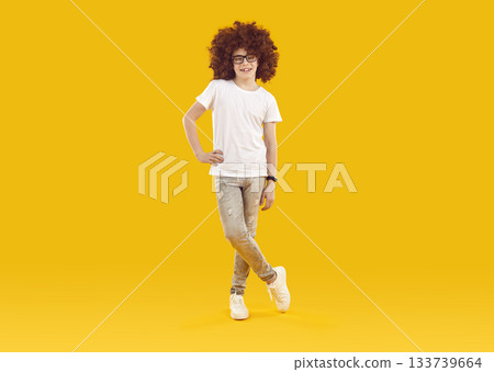Happy cheerful little boy in casual clothes and funny curly wig posing in studio Happy cheerful little boy in casual clothes and funny curly wig posing in studio 133739664