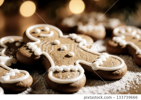 Christmas gingerbread cookie with icing in warm festive closeup. AI generated 133739666