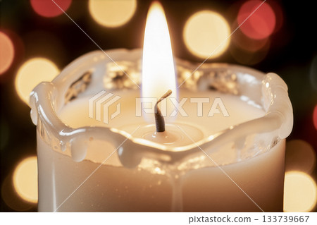 Warm burning candle flame, melted wax, festive bokeh. AI generated 133739667
