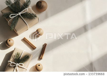 Scandinavian Christmas Gifts Flat Lay with Natural Decorations on Beige. AI generated 133739668