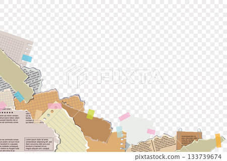 Creative collage of torn paper pieces and sticky notes. Scrapbook border template 133739674