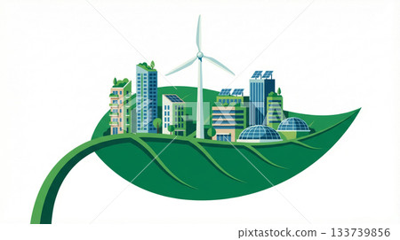 Illustration of a sustainable city supported by green leaves. Environment and sustainability concept Illustration of a sustainable city supported by green leaves. Environment and sustainability concept 133739856