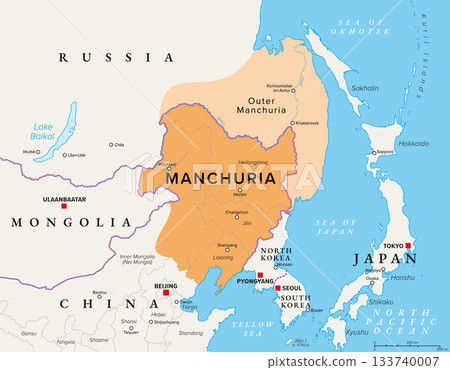 Manchuria, a historical region in Northeast Asia, political map. The central part is encompassing present-day northeast China. Parts of the modern-day Russian Far East are called Outer Manchuria. 133740007