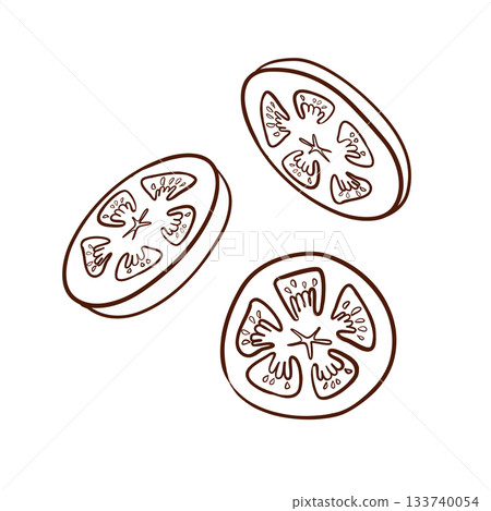 Three round tomato slices. Vector illustration in a line art style. Clean brown lines, defined seeds and flesh structure, isolated on a white background. Suitable for menus, packaging, fast food Three round tomato slices. Vector illustration in a line art style. Clean brown lines, defined seeds and flesh structure, isolated on a white background. Suitable for menus, packaging, fast food 133740054