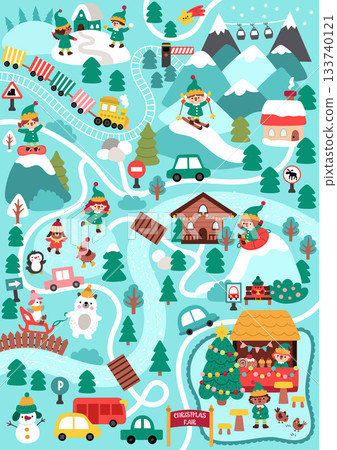 Winter resort map with elves snowboarding, skiing, skating. Christmas village plan. New Year holiday background. Vector landscape with roads, tree, houses, fair, animals, sport activities 133740121