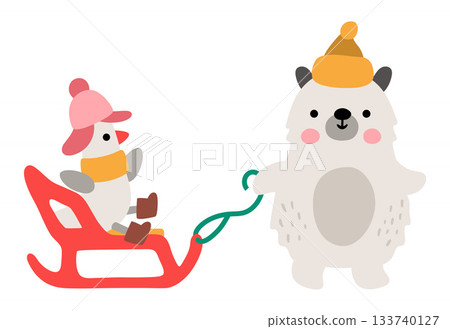 Vector polar or white bear in warm hat pulling sled with goose. Christmas animal clipart. Cute new year symbol illustration for kids. Winter holiday icon isolated on white background Vector polar or white bear in warm hat pulling sled with goose. Christmas animal clipart. Cute new year symbol illustration for kids. Winter holiday icon isolated on white background 133740127