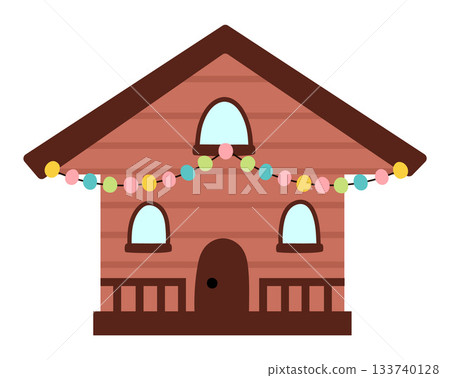 Vector colored minimalist chalet style house decorated with garland. Wooden Christmas home illustration isolated on white background. New Year or winter holiday cottage, villa icon 133740128