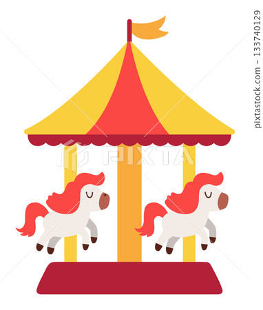 Vector merry-go-round with horses. Traditional retro carousel for kids. Simple holiday or Christmas fair ride. Amusement park attraction clipart for children 133740129