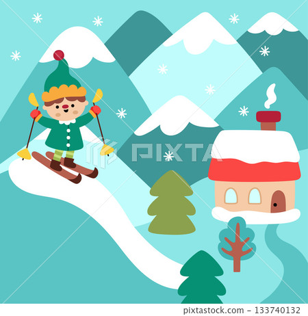 Vector square Christmas village landscape with snow covered mountains, trees, house. New Year scene with elf boy skiing down the slope. Festive winter holiday background for kids with cute character 133740132
