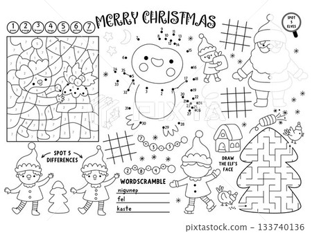 Vector Christmas village placemat for kids. Winter holiday printable activity mat with maze, tic tac toe charts, connect the dots, find difference. New Year black and white play mat or coloring page Vector Christmas village placemat for kids. Winter holiday printable activity mat with maze, tic tac toe charts, connect the dots, find difference. New Year black and white play mat or coloring page 133740136