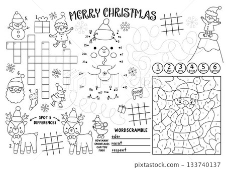 Vector Christmas village placemat for kids. Winter holiday printable activity mat with maze, tic tac toe charts, connect the dots, find difference. New Year black and white play mat or coloring page 133740137