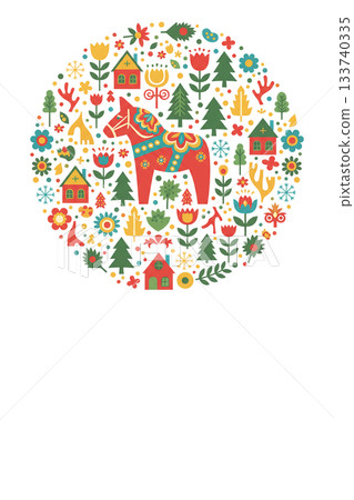 【新年賀卡】圓形裝飾邊框,飾以達拉納馬和北歐圖案 【新年賀卡】圓形裝飾邊框,飾以達拉納馬和北歐圖案 133740335