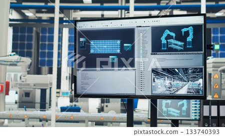 Tracking program on screen in photovoltaics factory used for designing production lines for solar panel assembly facility. Simulation software on monitor in empty solar panels plant Tracking program on screen in photovoltaics factory used for designing production lines for solar panel assembly facility. Simulation software on monitor in empty solar panels plant 133740393