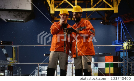 Industrial workers communicating via radio devices performing inspection and monitoring duties on offshore platform rig, supporting gasoline and oil production within the industry. Industrial workers communicating via radio devices performing inspection and monitoring duties on offshore platform rig, supporting gasoline and oil production within the industry. 133740400