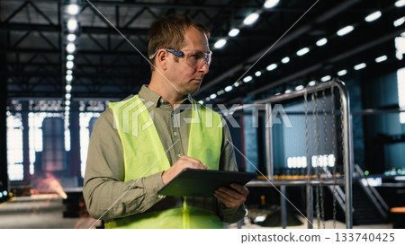 Factory staff member overseeing heavy tools near welding sparks, using tablet and using protective uniform. Manufacturing development and powerful industrial environment of the plant. Factory staff member overseeing heavy tools near welding sparks, using tablet and using protective uniform. Manufacturing development and powerful industrial environment of the plant. 133740425